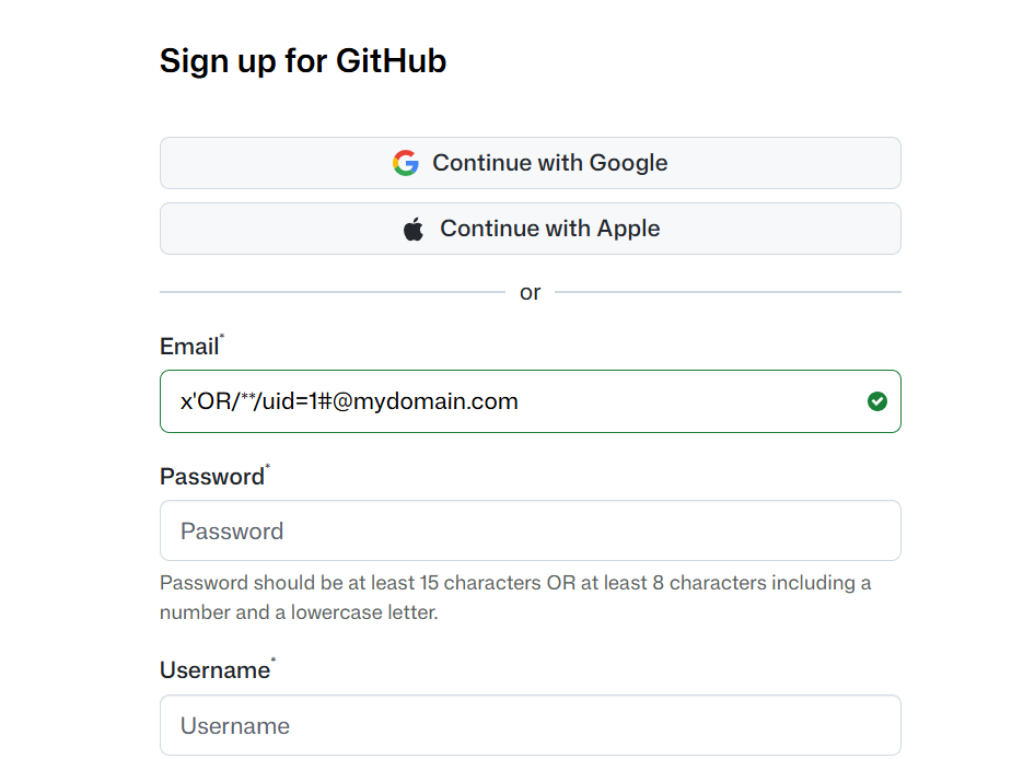 GitHub accepts an email address that carries a SQL-injection payload through its validation and verification flow